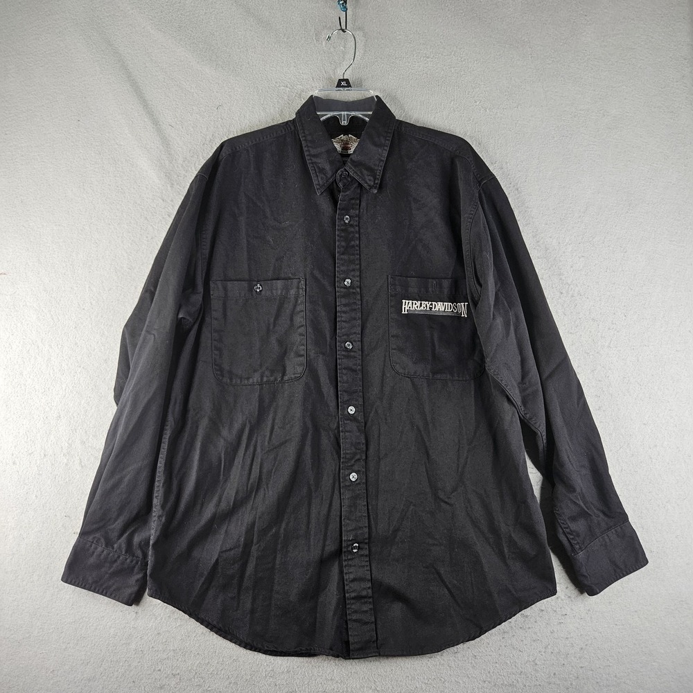 Harley-Davidson Shirt Mens Large Black Button Up Long Sleeve Hong Kong Biker